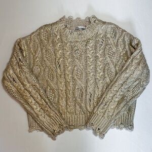 Zara Distressed Metallic Cable Knit Crop Sweater